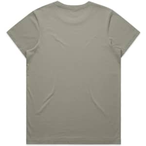 A faded green T-shirt with a soft texture and no visible design features a logo on the back.