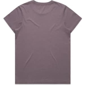 A purple tee shirt with a simple design and no visible branding displayed from the back.