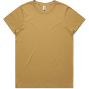 A plain mustard-yellow T-shirt with a round neckline and short sleeves. It features a branding logo.