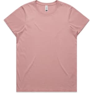 A pink t-shirt with a classic crew neckline and short sleeves, featuring a simple design and a logo.