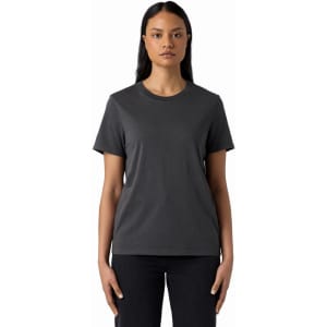 A dark grey T-shirt with a round neckline and short sleeves, featuring a logo.