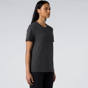 A faded grey t-shirt with a crew neckline and short sleeves, featuring a logo.