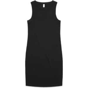 A black organic rib dress featuring a sleeveless design and a fitted silhouette. The dress has a branding label.