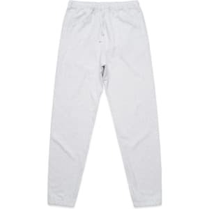 A pair of light grey track pants with an elastic waistband and side pockets. Features a logo at the front.