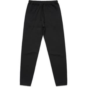 Black track pants with an elastic waistband and drawstring, featuring side pockets and a simple design.