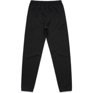 A pair of black track pants with an elastic waistband and tapered legs, featuring a logo.