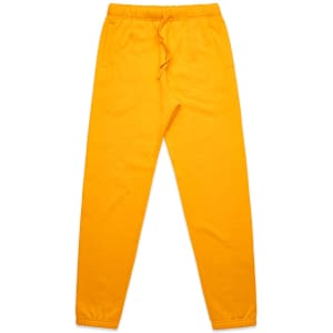 A pair of bright yellow track pants with an elastic waistband and pockets, featuring a logo.