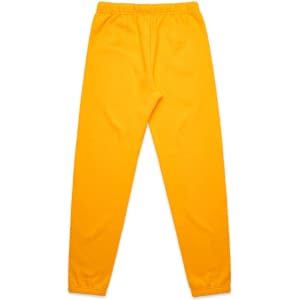 A pair of bright yellow track pants with an elasticised waistband and cuffs at the ankles.