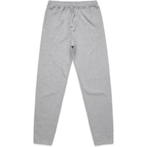 A pair of grey track pants with an elastic waistband and drawstring detail. The fabric appears soft and comfortable.