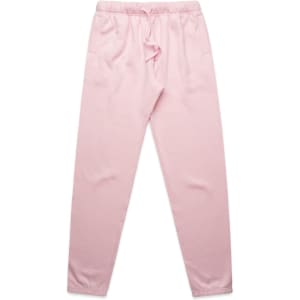A pair of light pink track pants featuring an elastic waistband and cuffed ankles. The pants has a branding logo.