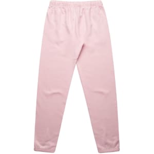 A pair of light pink track pants with an elastic waistband and tapered legs, featuring a logo.