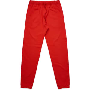 A pair of red track pants with an elastic waistband and drawstring, featuring side pockets.