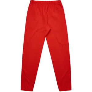A pair of red track pants with an elastic waistband and tapered legs. Features a branding logo.