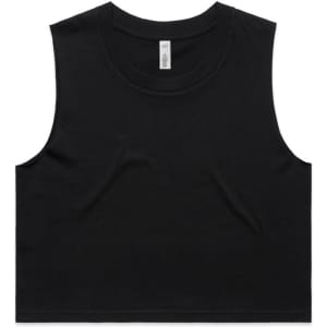 A black cropped tank top with a round neckline and no sleeves, featuring a logo.
