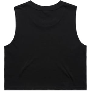 A black crop tank top featuring a sleeveless design and a simple back. It has a logo at the back.