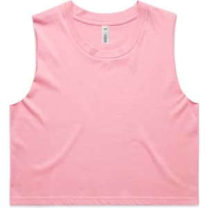 A pink crop tank top with a round neckline and a logo. Suitable for sports or casual wear.