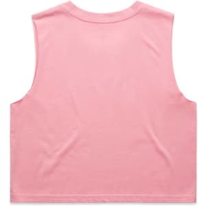 A pink crop tank top with a simple, sleeveless design and a logo on the back.