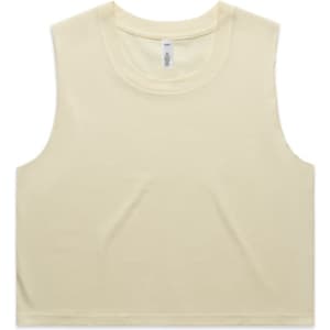 A pale yellow crop tank top with a logo, featuring a sleeveless design and a relaxed fit.