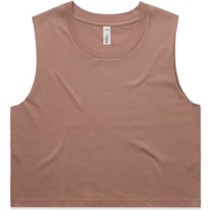 A cropped tank top in a warm tan colour, featuring a simple design and a crew neckline. It has a logo on the label.