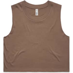 A brown crop tank top with a relaxed fit. It features a rounded neckline and has a branding logo.