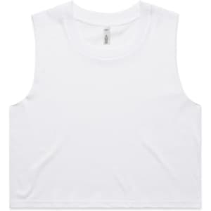 A white crop tank top with a round neckline and no sleeves, featuring a small logo.