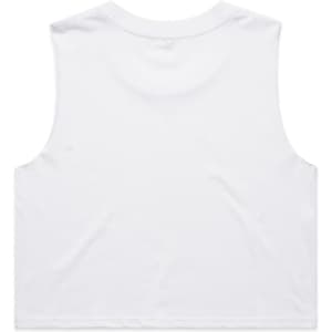 A white crop tank top with a sleeveless design and a plain back. The product features a logo.