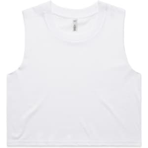 A white crop tank top with a simple design and no additional embellishments. It features a small logo.