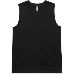 A black sleeveless tank top displayed flat, featuring a simple design and a logo.