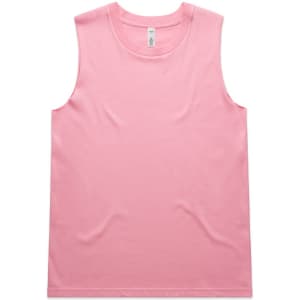 A pink singlet tank top featuring a simple design and a logo. Suitable for casual or athletic wear.