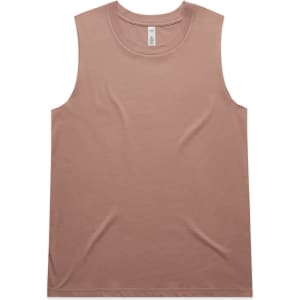 A sleeveless tank top in a muted brown colour featuring a simple design and a logo.
