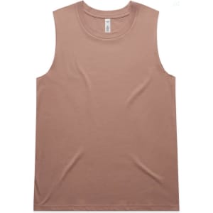 A sleeveless tank top in a soft beige colour, featuring a logo.