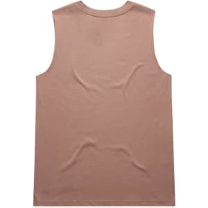 A sleeveless singlet in a light brown colour with a plain design and a brand logo.