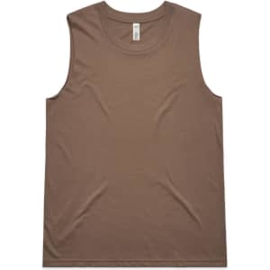 A brown singlet tank with a smooth texture and a label inside, featuring no sleeves.