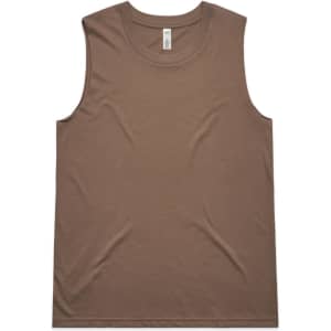 A brown singlet tank top with a round neckline and sleeveless design, featuring a logo.