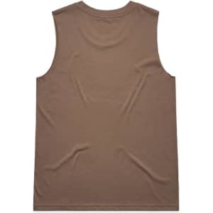 A brown sleeveless tank top with a plain back, featuring a logo at the neckline.