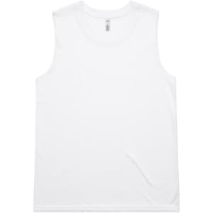 A plain white singlet tank top featuring a logo. The garment has no sleeves and a simple design.