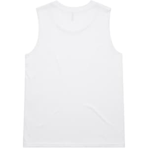 A white singlet tank top with a smooth, plain design and a subtle branding logo on the back.