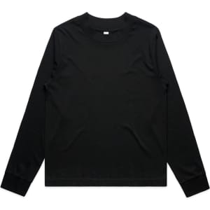 A black long-sleeve T-shirt displayed flat, featuring a round neckline and fitted cuffs. It has a logo.