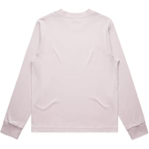 A light pink long-sleeve T-shirt, featuring a simple design and cuffs at the sleeves. It has a logo on the back.
