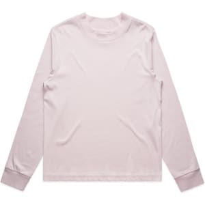A long-sleeve t-shirt in light pink with a simple design and a branding logo.