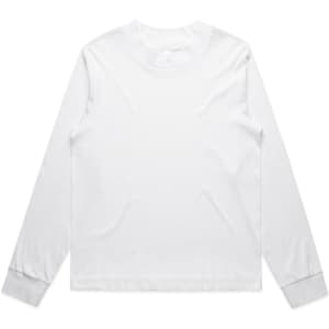 A white long-sleeve t-shirt with a simple design and a logo on the chest area.