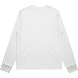 A long-sleeve white T-shirt with grey cuffs. The back view is displayed, featuring a simple design and no graphics.