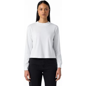 A white long-sleeve tee shirt with a round neck, styled as a relaxed fit. It features a logo on the garment.