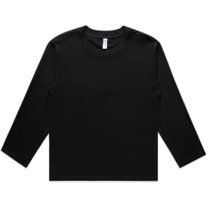 A black long-sleeve t-shirt featuring a round neckline and a minimalist design with a logo.