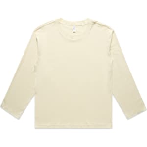 A cream long-sleeve T-shirt featuring a simple design and a branding logo on the garment.