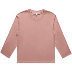 A long-sleeve t-shirt in a soft pink colour, featuring a simple design and a small logo.