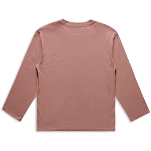 A long-sleeved tee in a muted pink colour, featuring a simple design and a logo on the back.