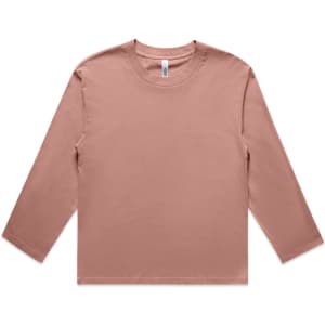 A long-sleeve t-shirt in a soft pink hue with a round neckline and a branding logo.