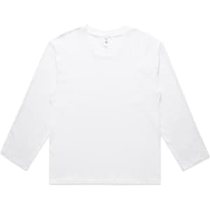 A white long-sleeve t-shirt with a crew neckline and a label inside, featuring a logo on the side.