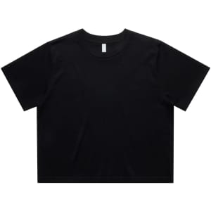 A black cropped t-shirt with a loose fit, featuring short sleeves and minimal design. It has a logo on the label.